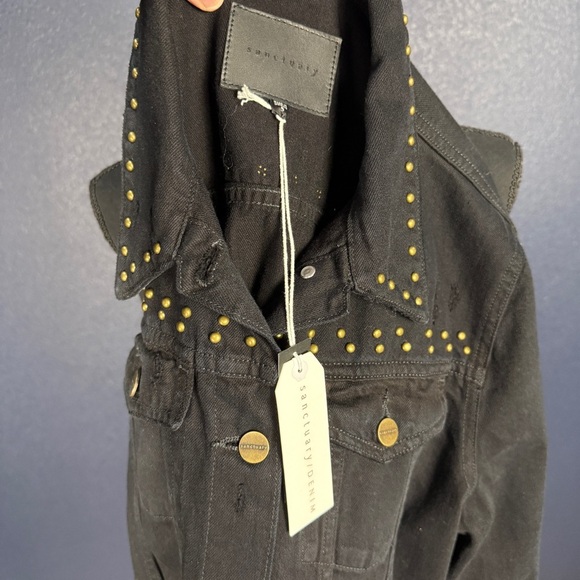 NWT Sanctuary Black Distressed Jean Jacket with Gold Rivets, Size 8 - Picture 7 of 10